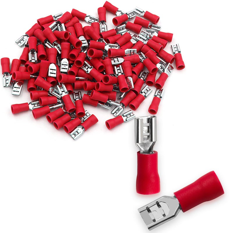 Baomain 0.187" Female Quick Disconnect Spade Terminals,Insulated Crimp Connectors 22-16 AWG 4.8mm (3/16 inch),Red, (100-Pack) - Image 1